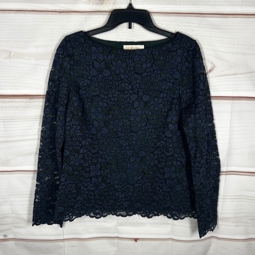 Tory Burch Lace Blouse Women 6 Navy Floral Long Sleeve Boat Neck Pullover Top‎